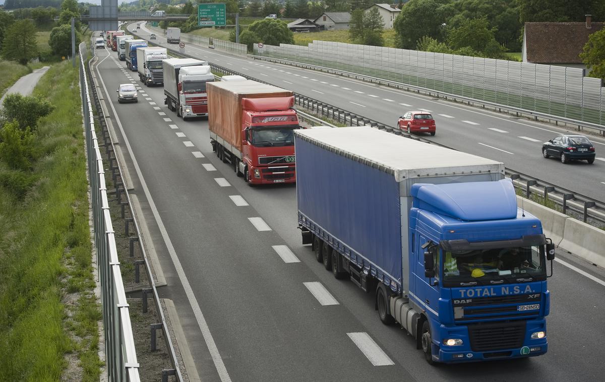 Tovornjak avtocesta gneča | Zaradi ukrepa, ki je začel veljati 1. junija, so morali številni avtoprevozniki narediti tudi 100 kilometrov več, da so prišli do meje. | Foto Bor Slana