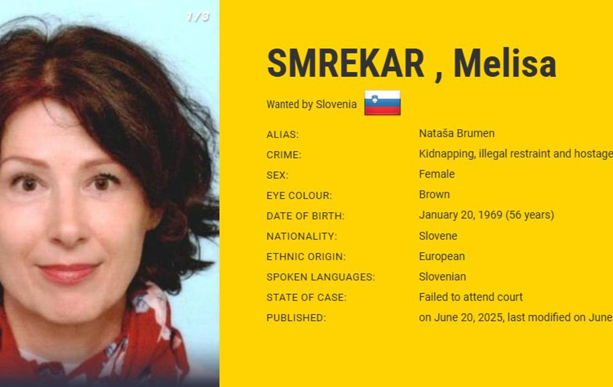 Melisa Smrekar | "Melisa Smrekar, rojena Nataša Brumen, je leta 2021 svojo mladoletno hčerko odpeljala neznano kam. Domneva se, da sta še vedno skupaj," so zapisali na Europolu. | Foto Europol