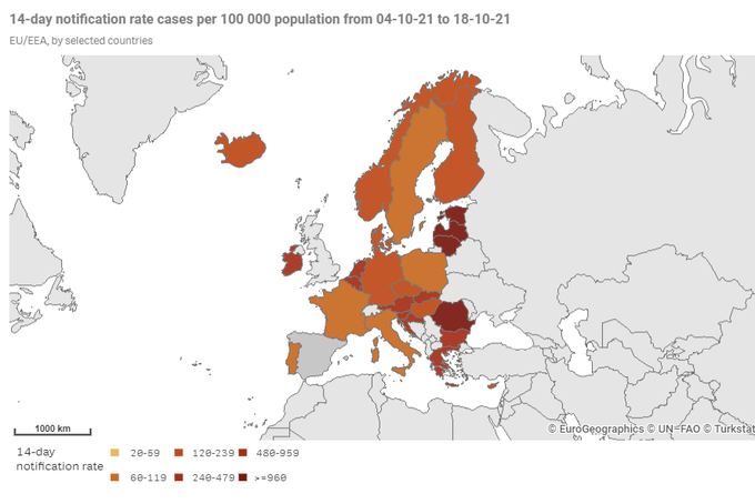 Zemljevid prikazuje 14-dnevno incidenco potrjenih okužb na sto tisoč prebivalcev v državah EU v obdobju od 4. do 18. oktobra 2021. | Foto: ecdc.europa.eu