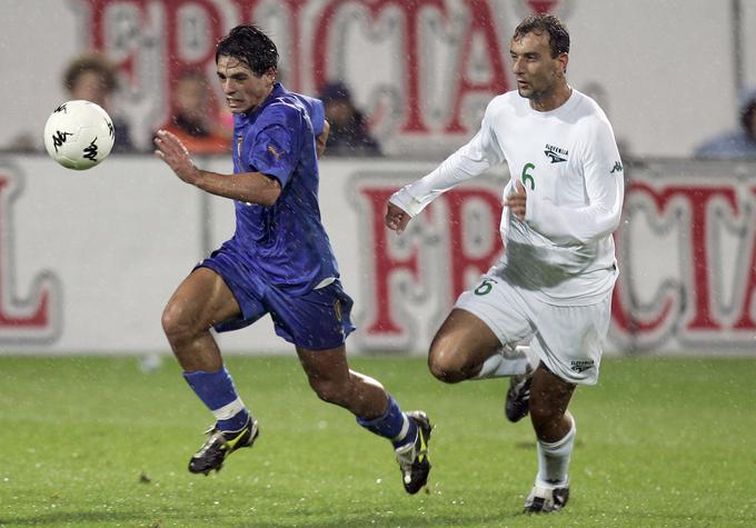 Željko Mitraković je pred 15 leti pomagal Sloveniji do znamenite zmage nad Italijo v kvalifikacijah za SP 2006. Tako se je v Celju boril za žogo z Maurom Espositom. Ljubljančan je vskočil kot zamenjava za poškodovanega kapetana Aleksandra Knavsa.
 | Foto: Reuters