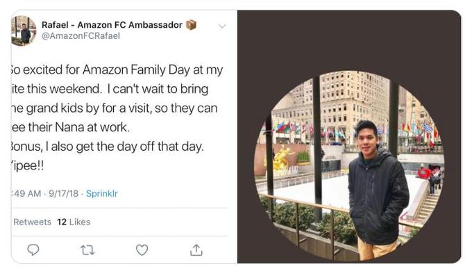 V četrtek se je po Twitterju kot blisk razširila tale sicer že lanska objava, v kateri je domnevno 19-letni Amazonov FC-ambasador Rafael zapisal, da komaj čaka, da bo svoje delovno mesto lahko pokazal svojim vnukom. Amazonovi ambasadorji si med sabo namreč množično podajajo uporabniške račune, zaradi česar občasno pride do takšnih zmešnjav.  | Foto: Twitter / Posnetek zaslona