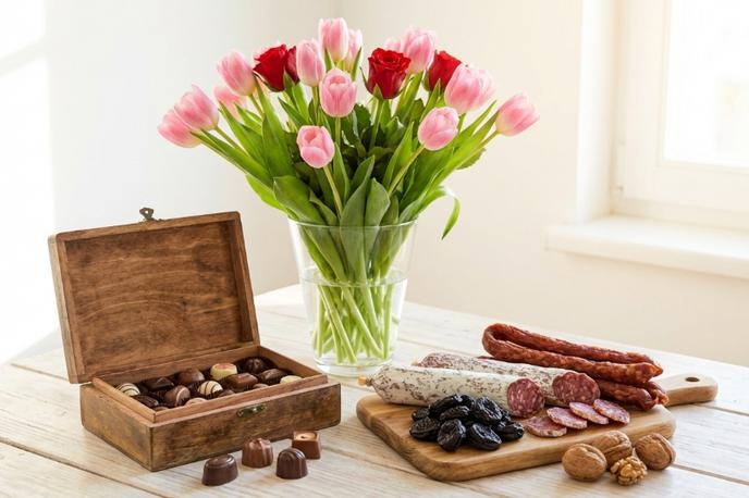 Spar_obdarovanje | Tradicionalne pozornosti, kot so cvetje, čokolada in klobasa, ostajajo priljubljena izbira ob dnevu žena in dnevu mučenikov. (Fotografija je ustvarjena s pomočjo umetne inteligence.) | Foto Spar