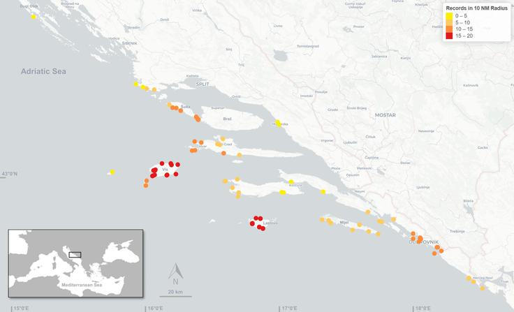 Zemljevid lokacij, kjer so med junijem 2024 in januarjem 2025 najpogosteje opazili plamenko.  | Foto: Hrvaški inštitut za oceanografijo in ribištvo