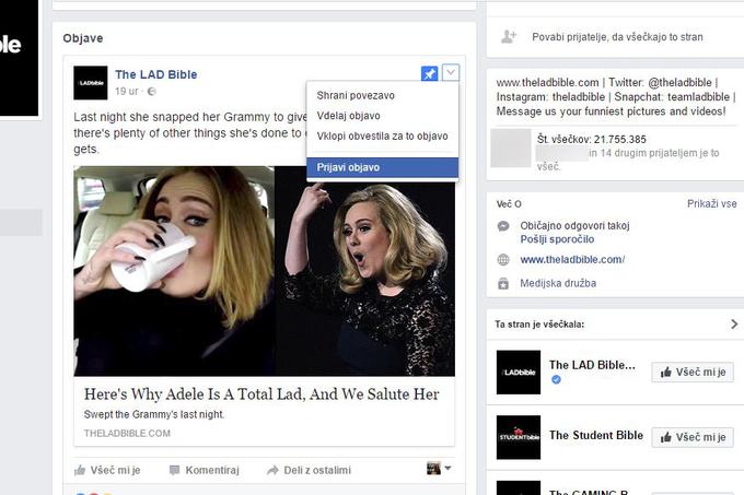 Izbira objave na Facebooku, na kateri bomo povadili prijavo, je povsem naključna. Adele nas čisto nič ne moti. | Foto: Matic Tomšič