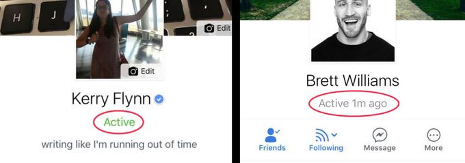 Facebook v aplikaciji pod profilno fotografijo uporabnika pokaže, da je trenutno uporabnik aktiven (levo z zeleno) oziroma pred koliko minutami, urami ali dnevi je bil aktiven nazadnje (desno s sivo).  | Foto: Facebook