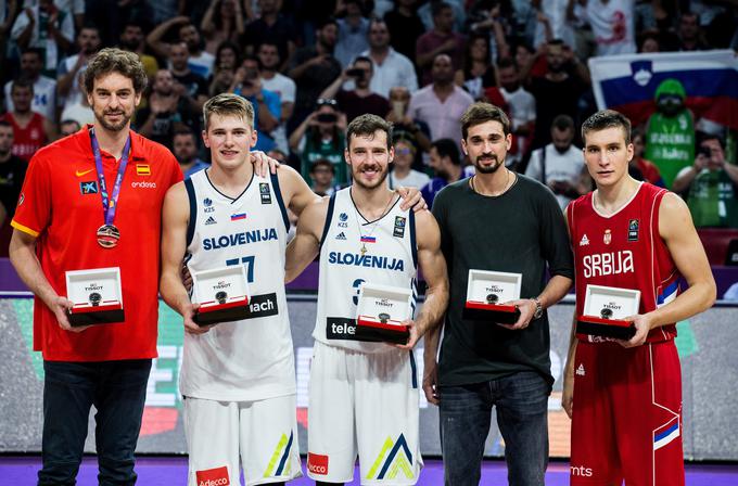 Skupaj z Goranom Dragićem sta bila uvrščena v idealno peterko EuroBasketa. | Foto: Vid Ponikvar