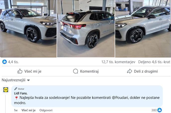 Nore številke | Nore številke: Slovenci in Slovenke so pod ukradenimi fotografijami Volkswagna, za katerega verjamejo, da lahko postane njihov, pustili skoraj 13 tisoč komentarjev. | Foto Posnetek zaslona
