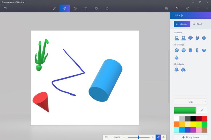 3D-slikarja je Microsoft z zadnjo nadgradnjo operacijskega sistema Windows 10 (Creators Update) že spravil do uporabnikov. Kot pove njegovo ime, uporabnikom med drugim omogoča tudi ustvarjanje modelov v tridimenzionalnem prostoru.  | Foto: Matic Tomšič