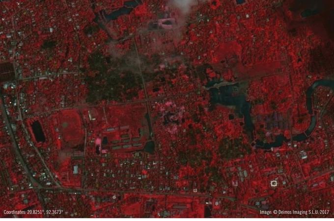 Satelitske slike, ki jih je objavila Amnesty International, kažejo, kako so bile pretežno rohinške soseščine v mestu Maungdaw povsem požgane, medtem ko so preostali deli mesta nedotaknjeni. | Foto: Amnesty International