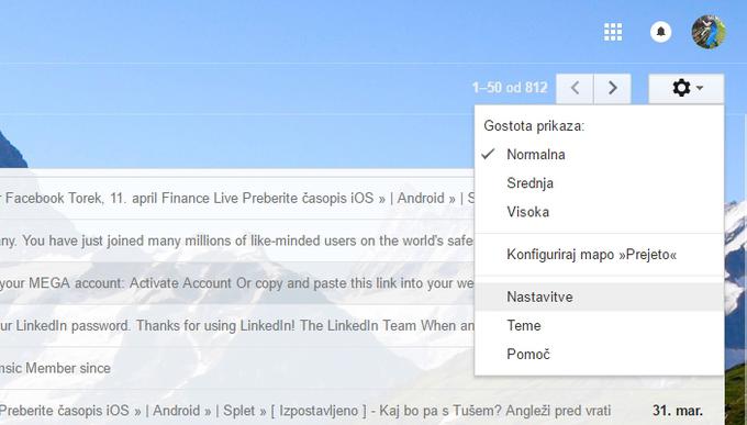 Odprite nastavitve spletne pošte Gmail (klik na zobnik v zgornjem desnem kotu zaslona). | Foto: Matic Tomšič