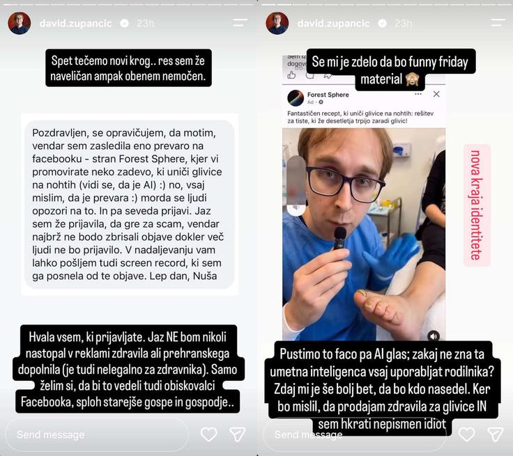 Infektolog, pisatelj in vplivnež David Zupančič se je v zadnjih dveh letih že večkrat pojavil v videoposnetkih, ustvarjenih z umetno inteligenco, njegov sintetični klon pa je bodisi hvalil različna zdravila ali prehranska dopolnila. | Foto: Posnetek  zaslona