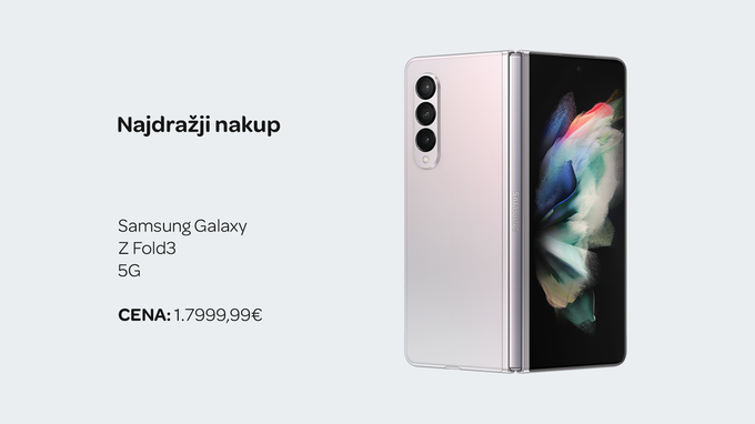 Fantomsko srebrn telefon Samsung Galaxy Z Fold3 5G v vrednosti 1.799,99 evra. | Foto: Piardigma, Wolt