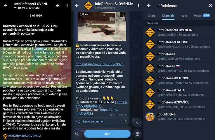Hvalnice ruskim vojakom (Ruski fantje so epski junaki!) in ruskemu predsedniku Vladimirju Putinu ter delni seznam različnih lokaliziranih kanalov InfoDefense.  | Foto: Posnetek  zaslona