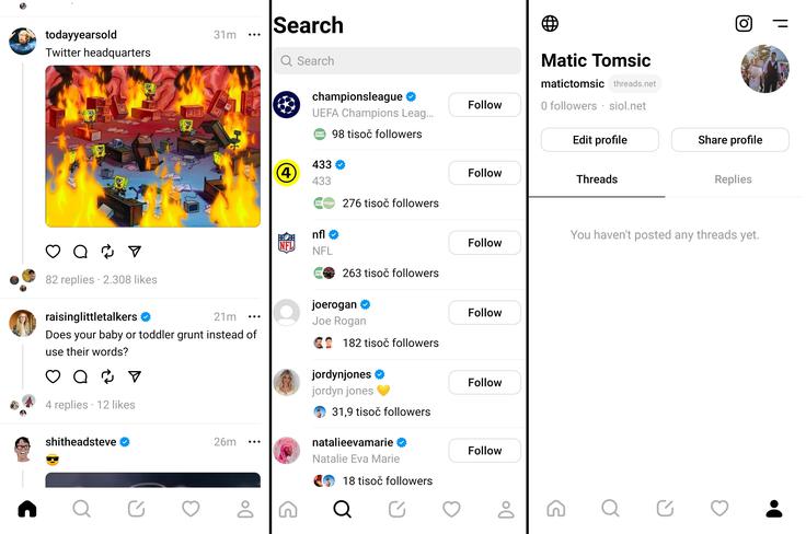 Uporabniški vmesnik aplikacije Threads je mešanica Instagramovega in Twitterjevega. Z Instagrama je mogoče tudi uvoziti določene elemente, kot so fotografija profila in sledene osebe. | Foto: Matic Tomšič
