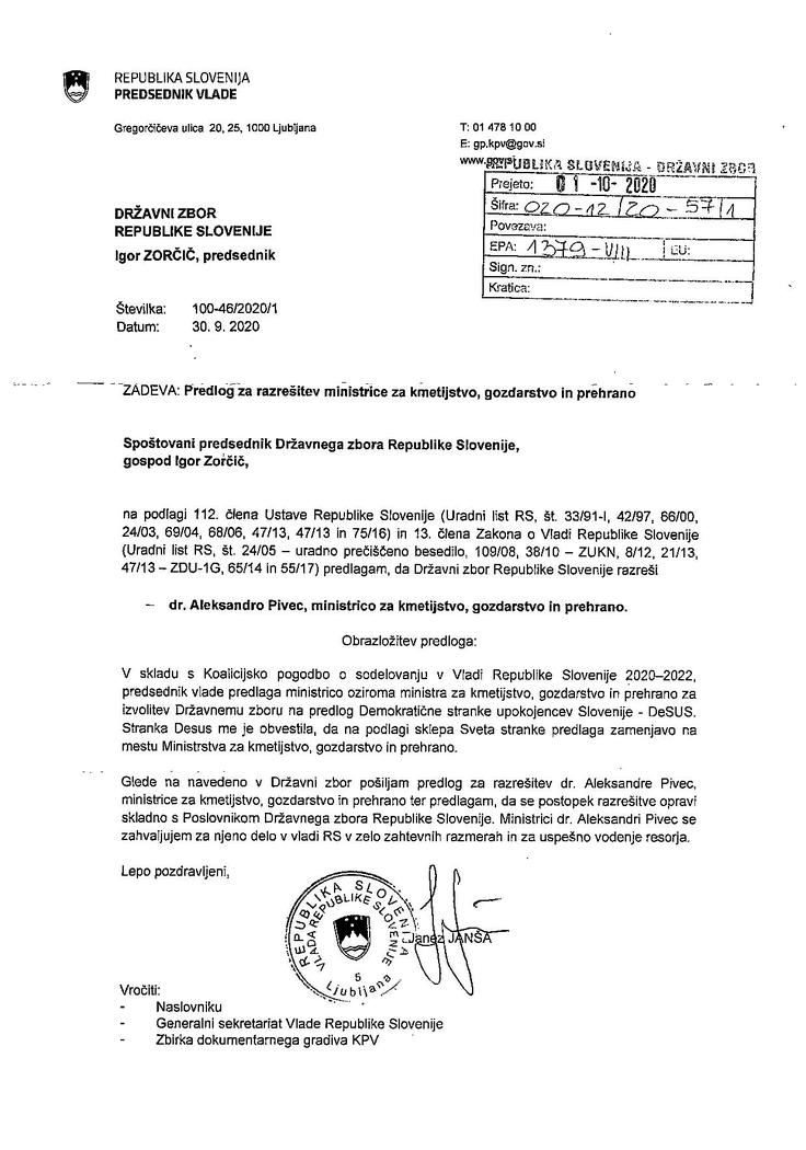 Predlog predsednika vlade za razrešitev kmetijske ministrice Aleksandre Pivec. | Foto: 