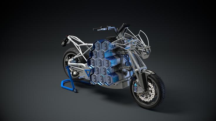 Storm pulse je elektrocikel, za katerega so baterije pospravljene med obe kolesi v obliki satovja. Vsak element je mogoče zamenjati, mogoča pa je tudi vožnja z manj elementi in takrat je seveda motocikel opazno lažji. | Foto: STORM Eindhoven