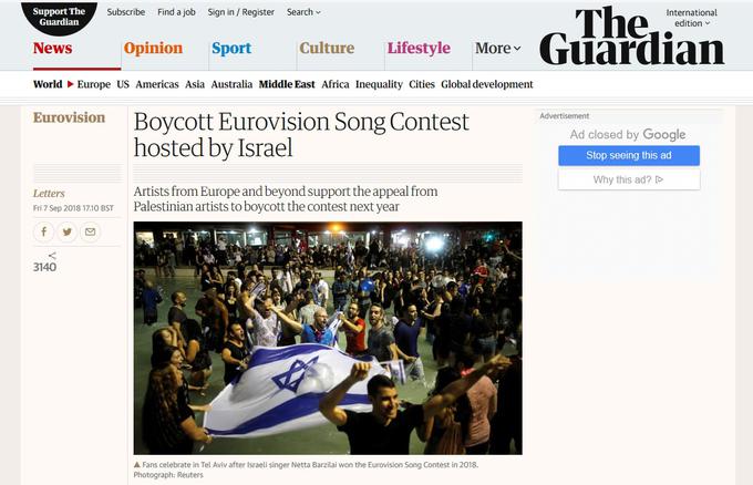 V odprtem pismu, objavljenem v časniku The Guardian, so številni evropski in svetovni umetniki podprli palestinski poziv k bojkotu Evrovizije 2019 v Izraelu. | Foto: Printscreen Zimbio