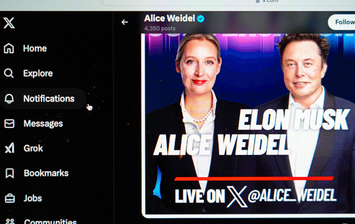 Elon Musk in Alice Weidel | Elon Musk je na svojem družbenem omrežju X gostil sovodjo AfD Alice Weidel. Namen pogovora je bil prepričevanje nemških volivcev, da volijo AfD, kar je Musk v pogovoru tudi jasno povedal.  | Foto Guliverimage