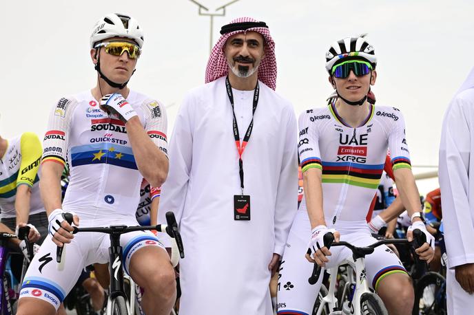 Tim Merlier, Tadej Pogačar, UAE Tour 2025 | Tim Merlier in Tadej Pogačar na štartu letošnje dirke po Združenih arabskih Emiratih. | Foto Guliverimage