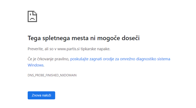Sporočilo, ki ga spletni brskalnik prikaže ob poskusu obiska spletne strani partis.si.  | Foto: Matic Tomšič