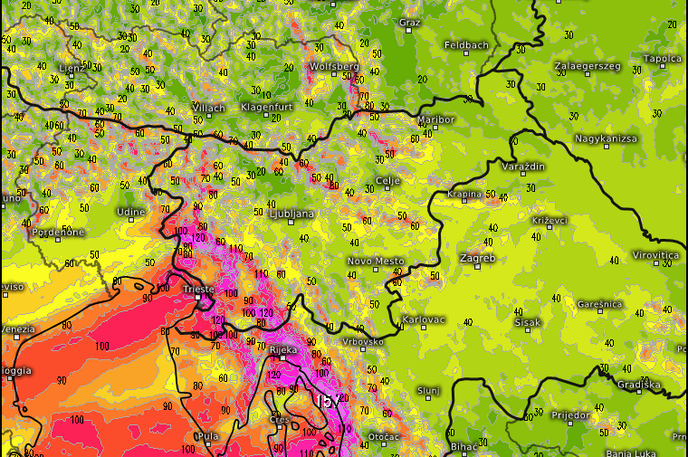 Veter sunki | Karta prikazuje najmočnejše sunke burje v nedeljo in ponedeljek. Najmočnejši sunki bodo presegali hitrost sto kilometrov na uro, opozarja agencija za okolje. | Foto meteologix