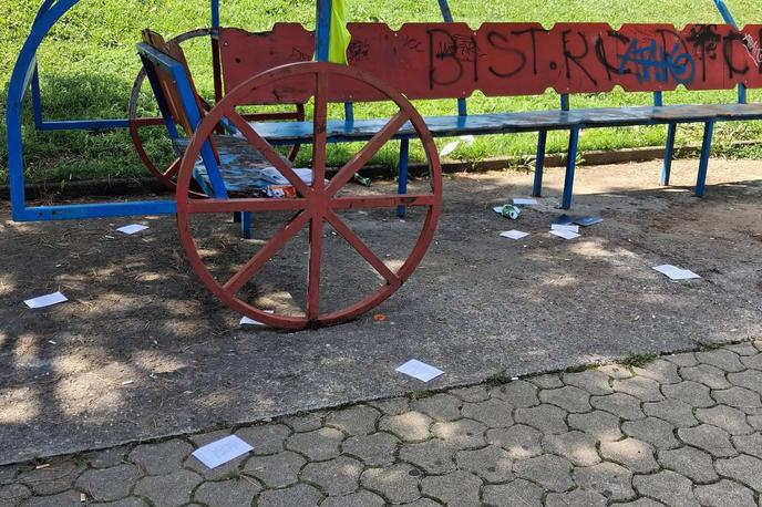 Ustava raztrgana | Prizor raztrganih, uničenih in v naravo odvrženih izvodov Ustave Republike Slovenije v Postojni.  | Foto FB/Magda Gorup/Postojna Danes