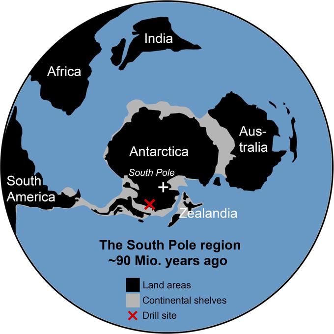 Zemljevid južnega pola, kot bi bil pred 90 miliijoni let. | Foto: Alfred Wegener Institut