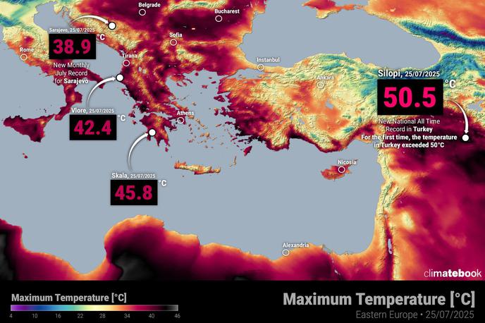 Temperature po Evropi | Na jugozahodu Turčije tako vroče ni bilo še nikoli. | Foto Severe Weather Europe