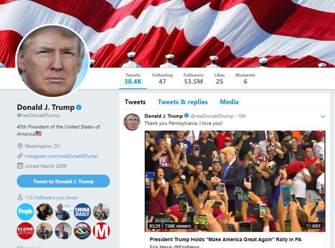 Trump twitter profil | Foto: zajem zaslona/Diamond villas resort