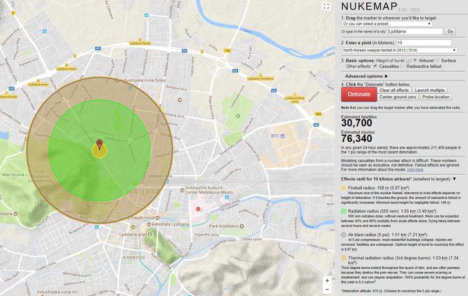 Središče Ljubljane bi postalo radioaktivna cona, večina zgradb v središču mesta bi bila huje poškodovana. Umrlo bi lahko tudi 30 tisoč ljudi.  | Foto: Matic Tomšič