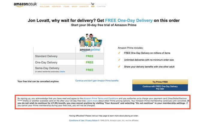 Takšno taktiko pogosto uporabljajo ponudniki storitev, ki že imajo številko uporabnikove kreditne kartice, na primer spletni trgovec Amazon. Več njegovih strank se je na spletu namreč že pritoževalo, ker so sodelovali v 30-dnevnem preizkusnem obdobju storitve za ekspresno dostavo Amazon Prime, niso pa prebrali drobnega tiska, v katerem piše, da jim bo Amazon po izteku preizkusnega obdobja samodejno zaračunal skoraj deset evrov mesečno.  | Foto: Twitter - Voranc