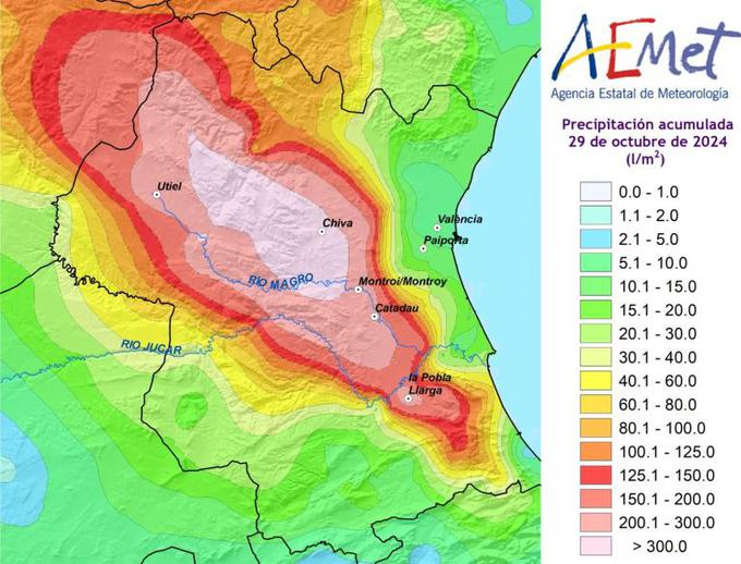 Skupna količina padavin v Valenciji 29. oktobra 2024 v 24 urah. | Foto: AEMET