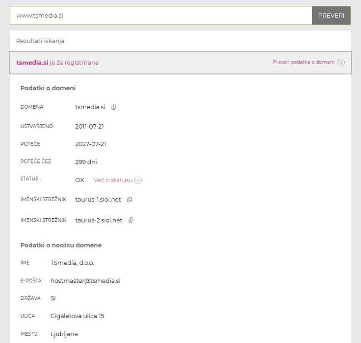 Podatki za registrirano domeno tsmedia.si (izdajatelj medija Siol.net).  | Foto: Posnetek zaslona