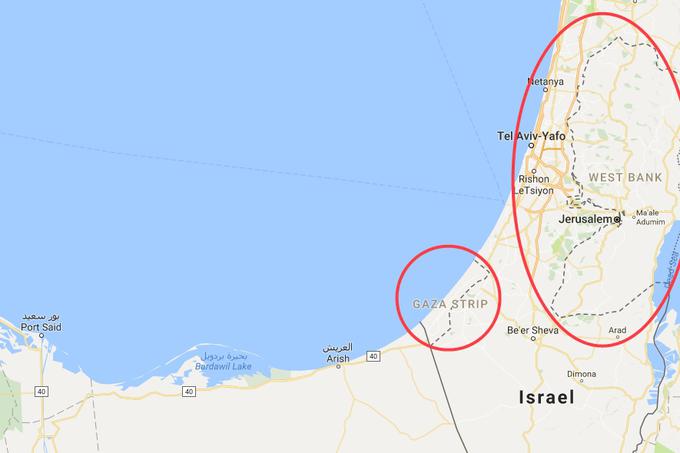 Palestina zahteva neodvisnost Gaze, Zahodnega brega in vzhodnega Jeruzalema, Izrael jih ne da. Eden najbolj nasilnih teritorialnih sporov na svetu traja že več kot petdeset let.  | Foto: Google Zemljevidi