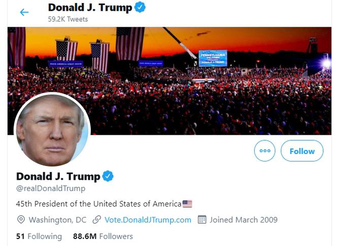 Donald Trump ima na Twitterju skoraj 89 milijonov sledilcev. | Foto: S. C. (zajem zaslona)