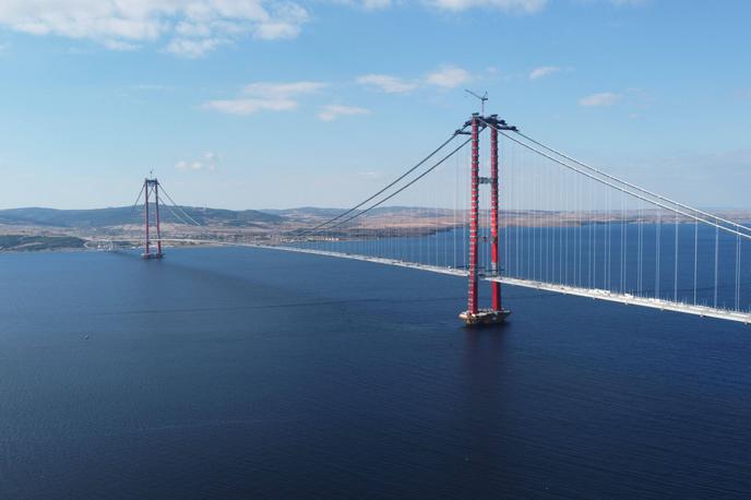 Najdaljši viseči mostovi | V Turčiji je s slavnostnim odprtjem viseči most 1915 Canakkale postal najdaljši tovrstni most na svetu. | Foto Wikimedia Commons