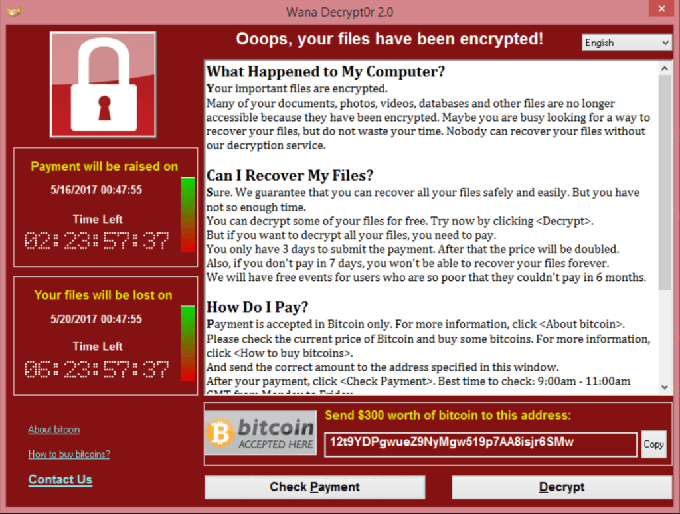 Takole je bilo videti sporočilo, ki se je pojavilo na okuženih računalnikih ob napadu virusa WannaCry. | Foto: Thomas Hilmes/Wikimedia Commons