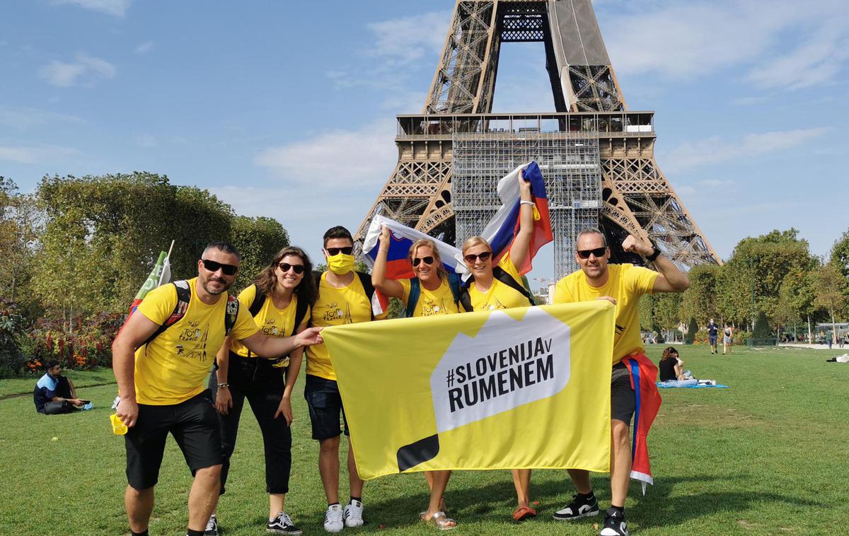 Navijači Tour de France Slovenija | Slovenski navijači odpotovali v Pariz v čast Tadeja Pogačarja in Primoža Rogliča. | Foto Damjan Medica