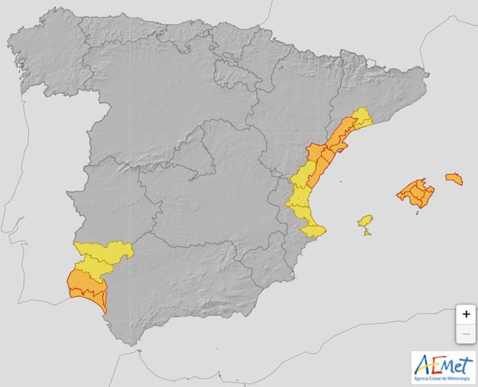 Španska državna agencija za meteorologijo AEMet je za predele Valencie in Andaluzije razglasila oranžno opozorilo. | Foto: AE Met