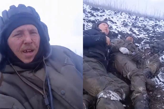 Ukrajina | Okrvavljeni ruski vojaki iz jarka na frontni črti, kjer je eden od njih z ranjeno nogo ležal že dva dni, zatrjujejo, da je vse v najlepšem redu. | Foto Twitter / @elskorpione / Posnetek zaslona