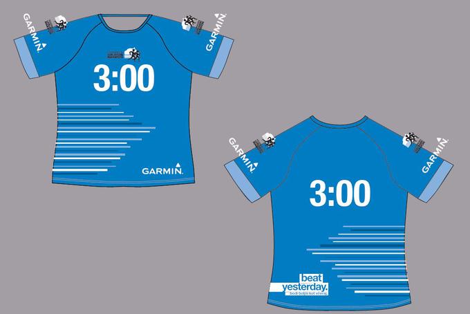 Tekaške majice, v katerih bodo letos tekli tempo tekači. Na majicah bo napisan končni maratonski rezultat, logo ljubljanskega maratona in logo podjetja Garmin. | Foto: 