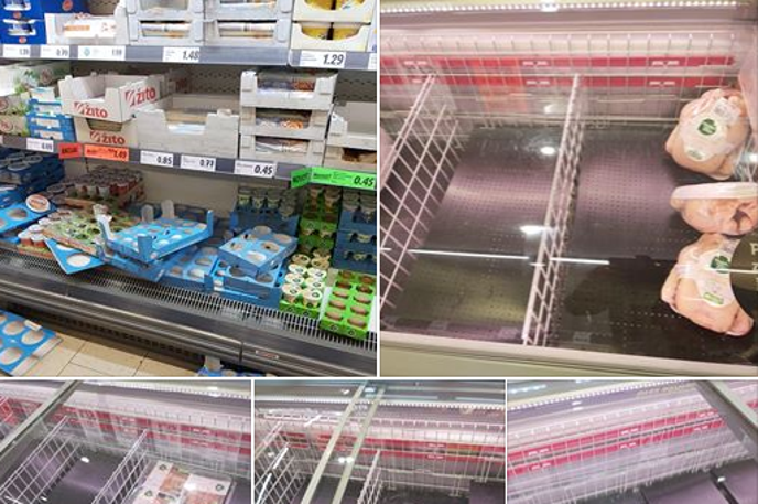 trgovine izropane | V zadnjih dneh v slovenskih supermarketih takšni prizori niso redkost. | Foto Posnetek zaslona