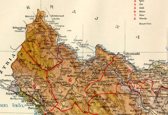 Madžarski zemljevid Gorskega kotarja iz 19. stoletja. Čabarski okraj (označen s št. 7) je del ogrsko-hrvaške Modruško-reške grofije (županije). Številka 6 je delniški okraj, številka 8 pa vrbovski okraj. | Foto: commons.wikimedia.org