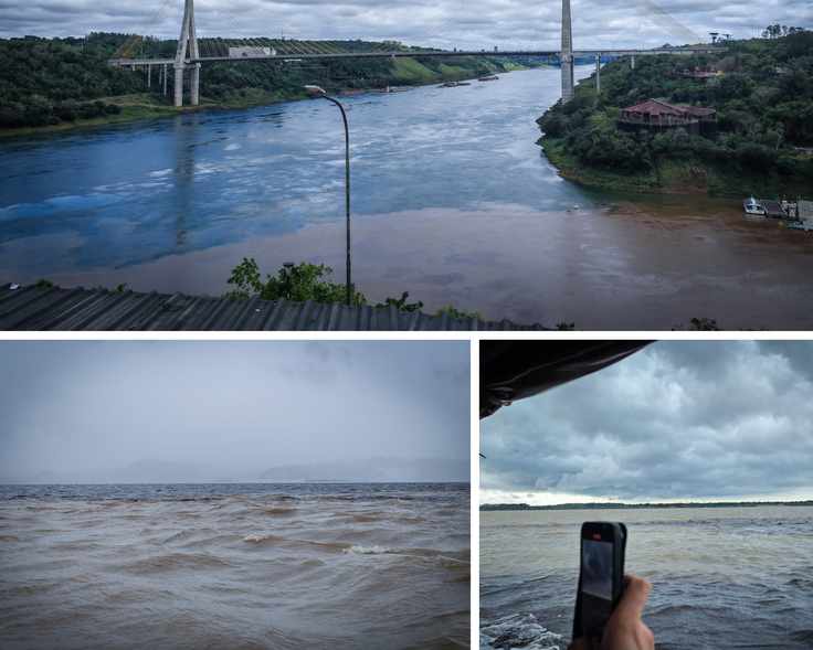 Na prvi fotografiji je tromeja med Argentino, Brazilijo in Paragvajem, na spodnjih dveh pa se vidi sotočje rek Rio Negro in Amazonke, ki se ne mešata.  | Foto: Tadej Zupančič, K.M.
