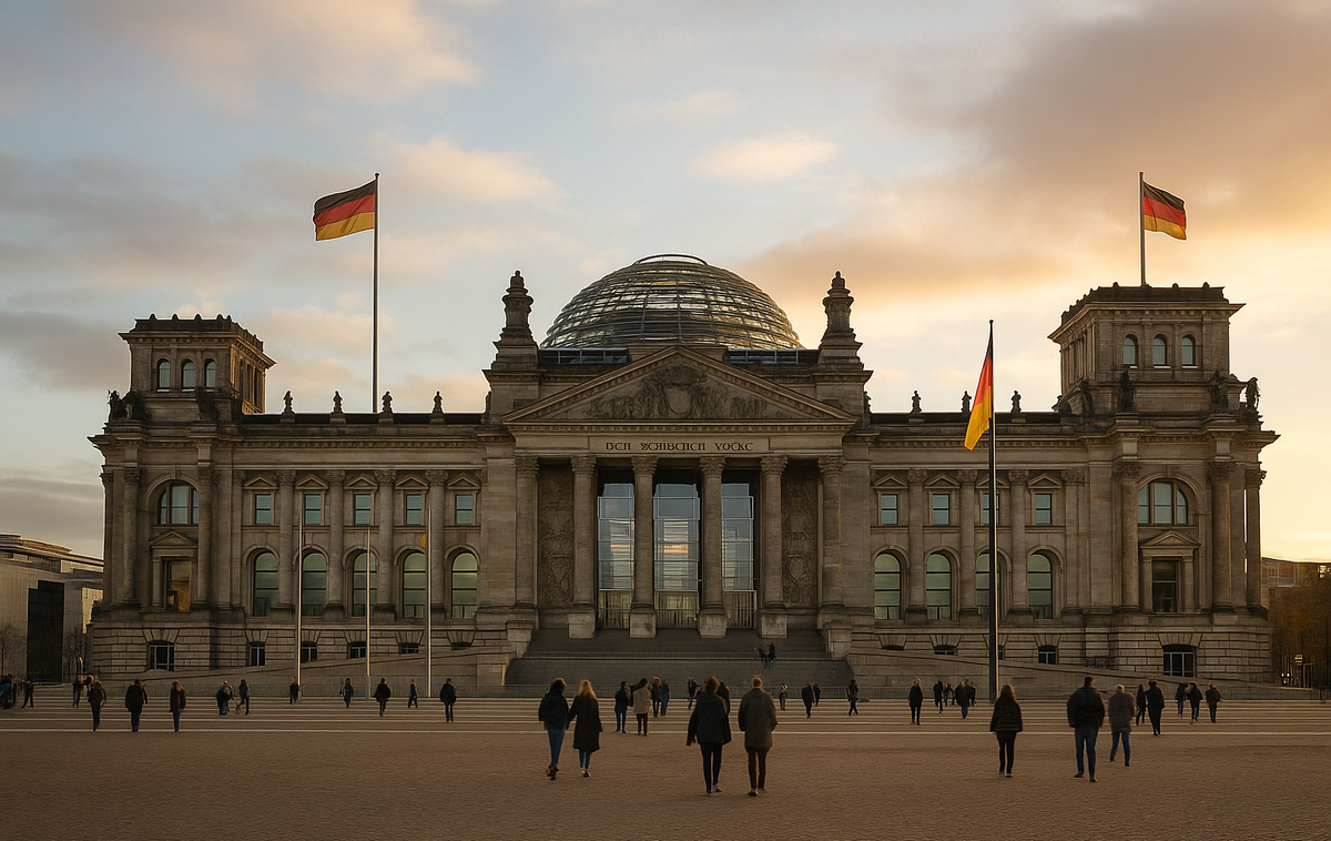 nemčija budenstag | Reichstag v Berlinu ob sončnem zahodu – simbol nemške politike pred novo politično prelomnico. | Foto Fotografija je bila ustvarjena s pomočjo umetne inteligence