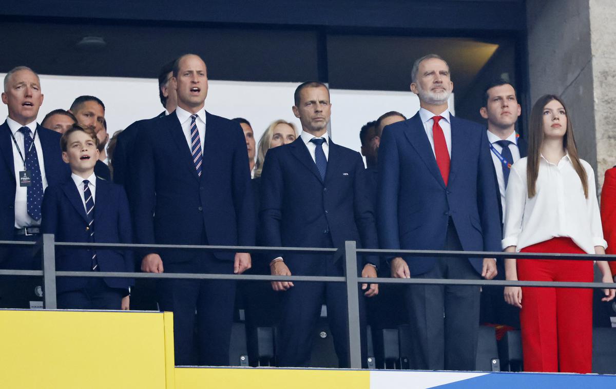 Berlin 2024 | Španski kralj Filip VI. in valižanski princ Wiliam sta spremljala finale v družbi predsednika Uefe Aleksandra Čeferina. Po koncu razburljivega srečanja se je bolj smejalo Špancu. | Foto Reuters