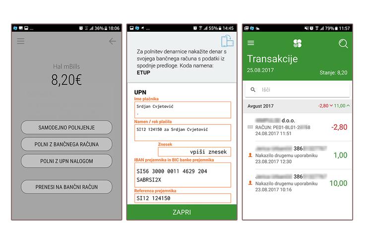Med možnostmi polnjenja e-denarnice aplikacije Hal mBills (slika levo) je tudi nakazilo prek položnice ali spletne banke - aplikacija zagotovi vse potrebne podatke za plačilni nalog (slika v sredini). Vse opravljene transakcije uporabnika so zbrane na enem mestu (slika desno). | Foto: Srdjan Cvjetović
