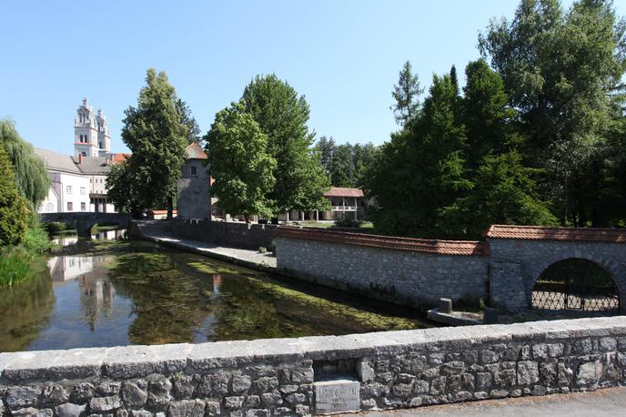 Ribnica |  Pogled na Plečnikove zvonike in Ribniški grad, v katerem ima razstave Muzej Ribnica