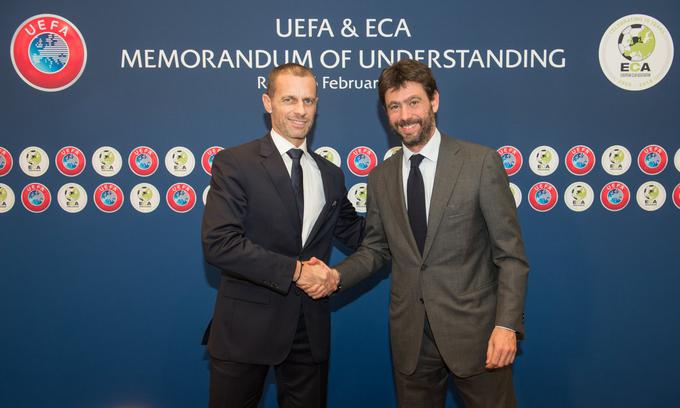 Prvi mož Uefe je segel v roke s predsednikom Združenja evropskih nogometnih klubov (ECA) in torinskega Juventusa Andreo Agnellijem. | Foto: Twitter - Voranc