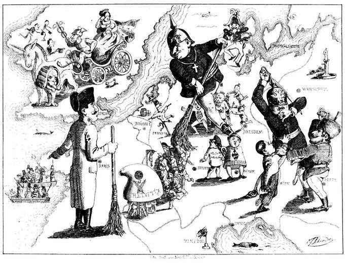 ​​​​​​​Večino revolucionarnih vstaj so nato zatrli s silo, najbolj trd oreh so bili madžarski vstajniki, ki so jih Avstrijci lahko premagali le s pomočjo carske Rusije, ki je veljala za žandarja Evrope. Na fotografiji: karikatura iz leta 1849, ki prikazuje, kako so konservativne sile premagale revolucionarje. | Foto: commons.wikimedia.org